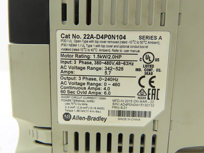 Allen Bradley 22A-D4P0N104 Powerflex 4 VFD AC Drive 1.5kW 2Hp 480v 3Ph Ser A