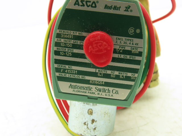 Asco 8316G64 Solenoid Valve 3-Way NC Air Gas Water 120V Coil 1/2" FNPT