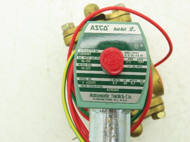 Asco 8316G64 Solenoid Valve 3-Way NC Air Gas Water 120V Coil 1/2" FNPT