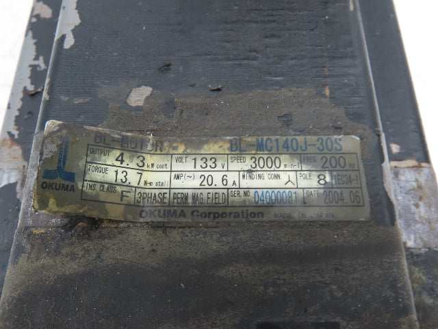 Okuma BL-MC140J-30S Servo Motor 4.3kw 3000 RPM 133V 3PH Encoder ER-JG-7200D