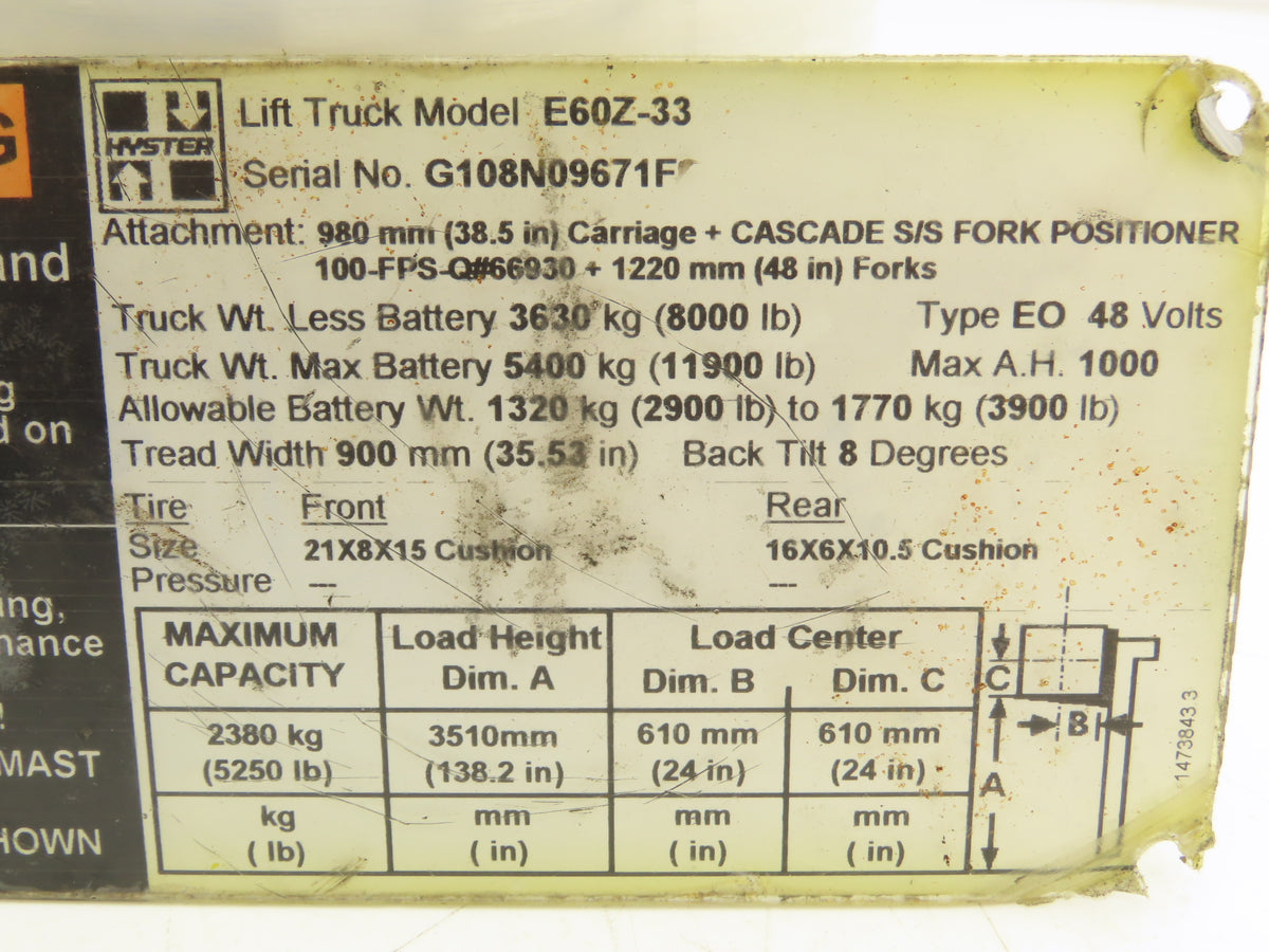 Hyster 8541084 Forklift V104 Hydraulic Control Module Rev 2 Off E60Z-33