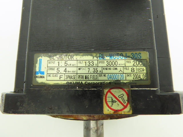 Okuma BL-MC50J-30S Servo Motor 1.5kw 3000 RPM 133V 3PH Encoder ER-JG-7200D