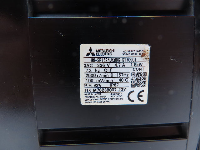 Mitsubishi HG-SR1524JKWOC-S170001 AC Servo Motor 1.5kW 2000 RPM 236V 3PH