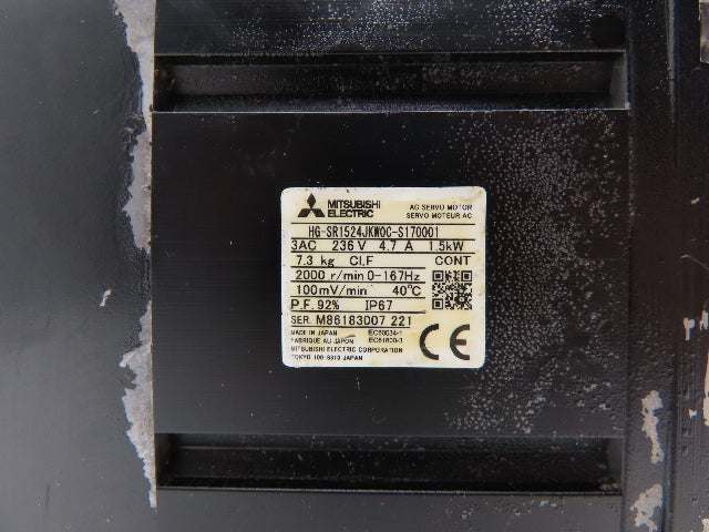 Mitsubishi HG-SR1524JKWOC-S170001 AC Servo Motor 1.5kW 2000 RPM 236V 3PH *Read*