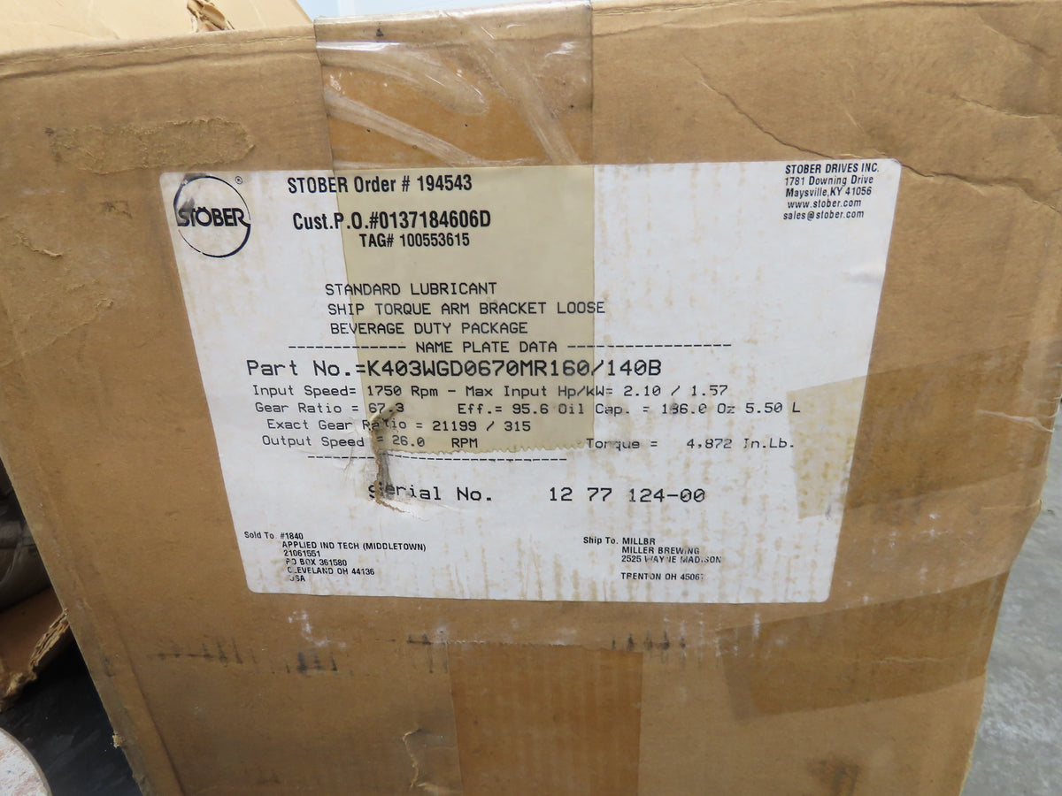 Stober K403WGD0670MR160/140B Helical Gearbox 67.3 Ratio 26rpm 2Hp Hollow Shaft