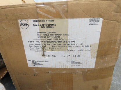 Stober K403WGD0670MR160/140B Helical Gearbox 67.3 Ratio 26rpm 2Hp Hollow Shaft
