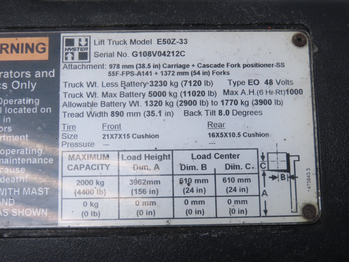 Hyster Forklift Steering Wheel & Bracket Assembly Removed From E50Z-33