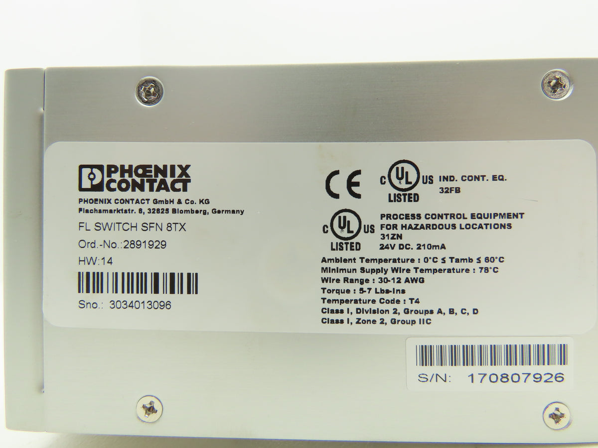 Phoenix 2891929 FL SWITCH SFN 8TX 8 Port Industrial Ethernet Switch 24V
