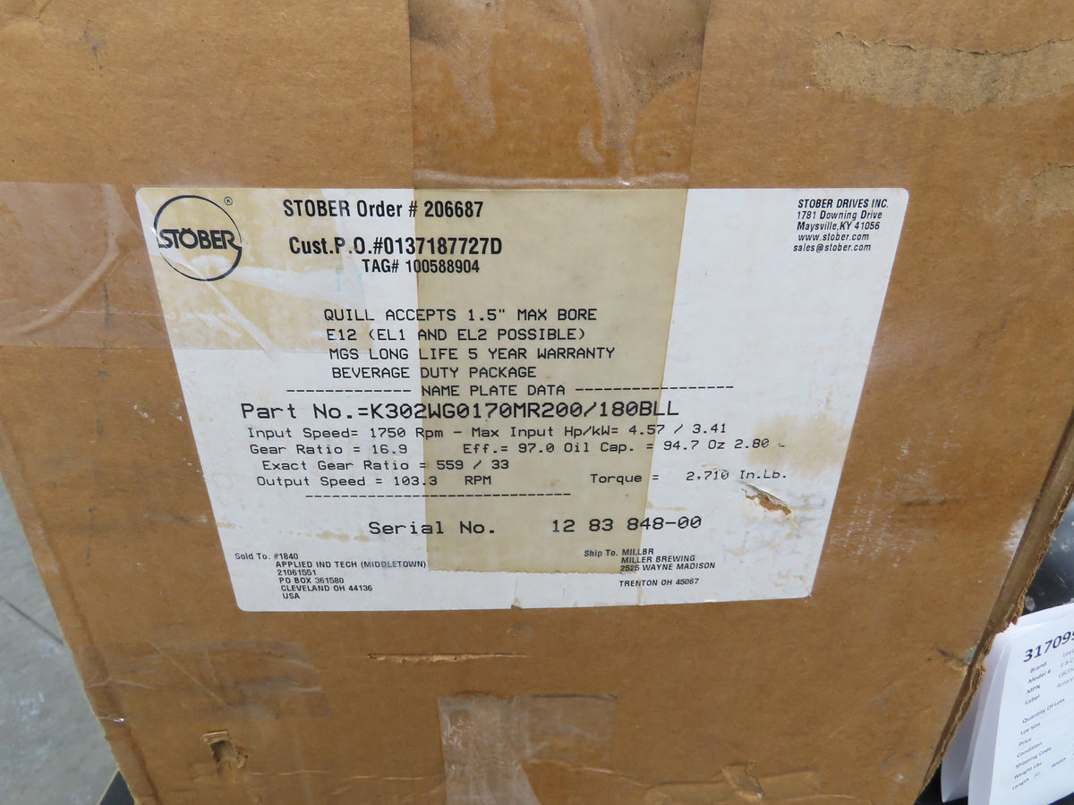 Stober K302WG0170MR200/180BLL Helical Gearbox 16.9 Ratio 103rpm 4Hp Hollow Shaft