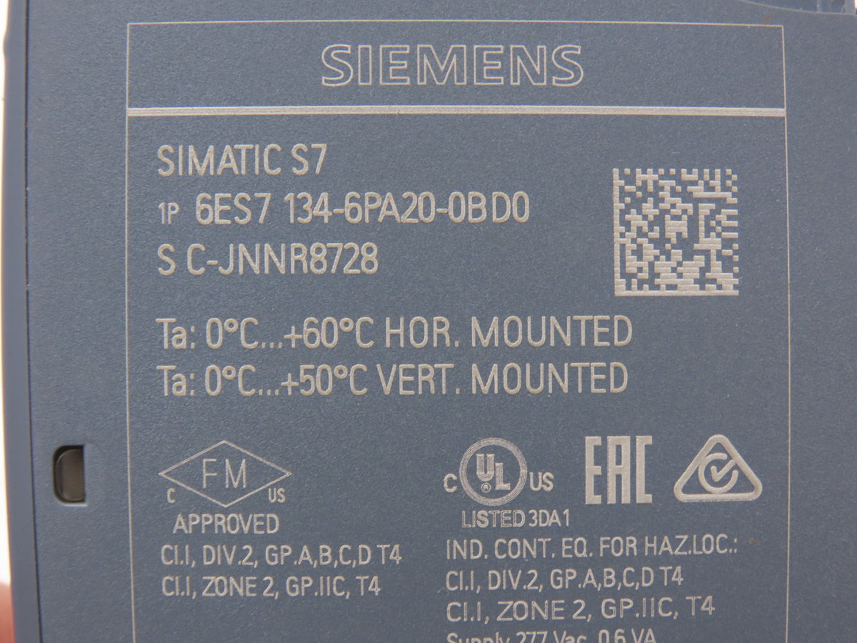 Siemens 6ES7 134-6PA20-0BD0 SIMATIC ET200SP Analog Input Energy Meter 480VAC