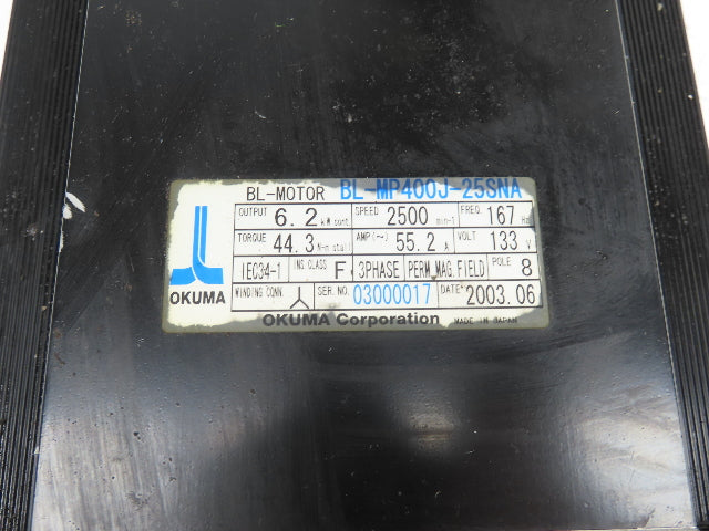 Okuma BL-MP400J-25SNA Servo Motor 6.2kw 2500 RPM 133V 3PH Encoder ER-JF-7200D