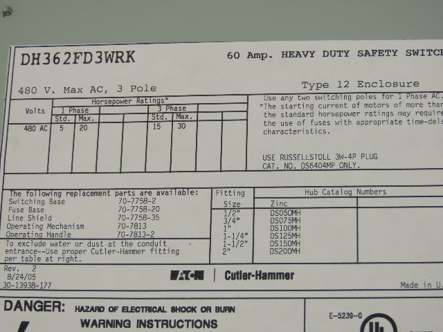 Eaton Disconnect Switch 60A 600V Fused Russellstoll DS6404MP Receptacle READ