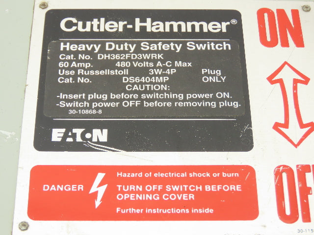 Cutler Hammer Disconnect Switch 60A 600V Fused Russellstoll DS6404MP Receptacle