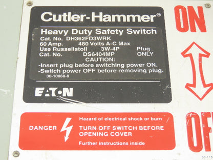 Cutler Hammer Disconnect Switch 60A 600V Fused Russellstoll DS6404MP Receptacle