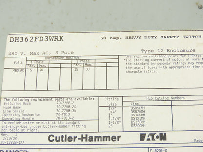 Cutler Hammer Disconnect Switch 60A 600V Fused Russellstoll DS6404MP Receptacle