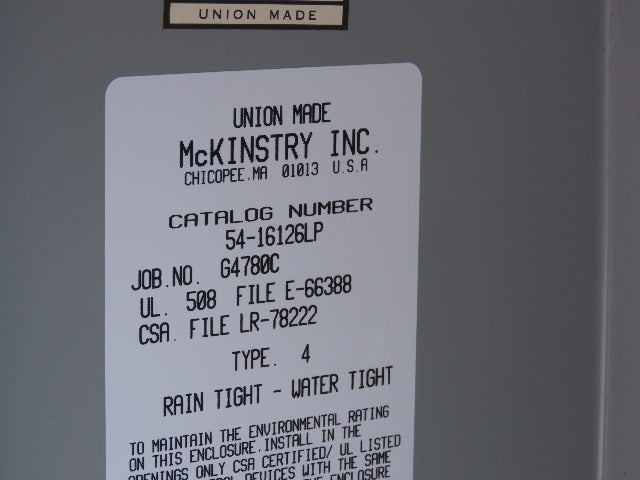 McKinstry 54-16126LP Electrical Enclosure 16x12x6" JIC Box No Backplate Type 4