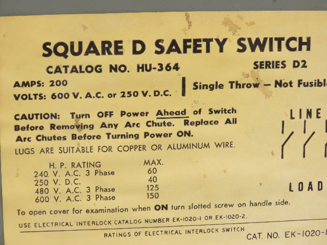 Square D HU364 Safety Disconnect Switch 200 Amp 600V 3 Pole Non-Fusible