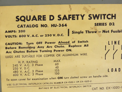 Square D HU364 Safety Disconnect Switch 200 Amp 600V 3 Pole Non-Fusible