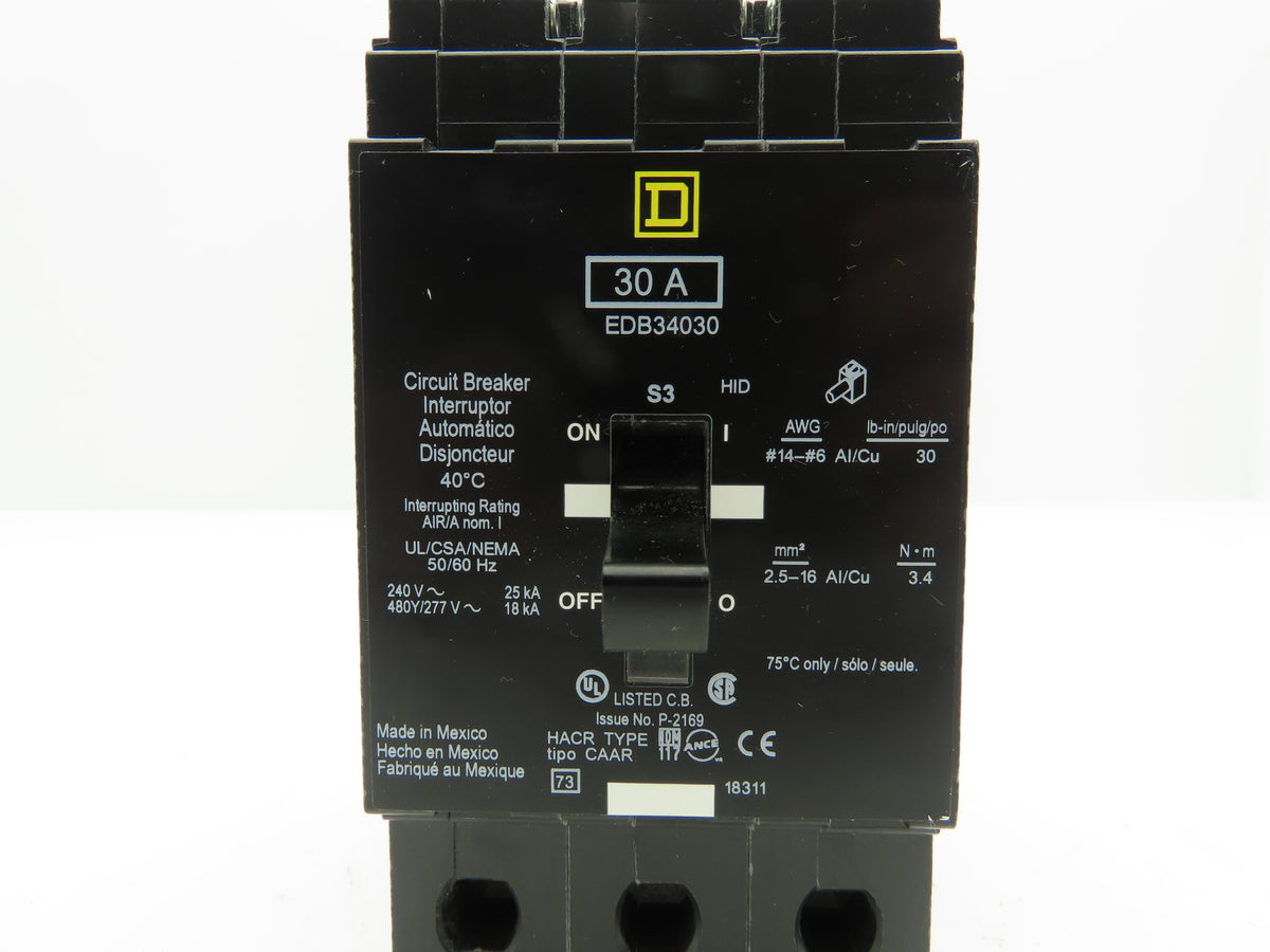 Square D EDB34030 Circuit Breaker 30A 480V 3 Pole 3Ph EDB