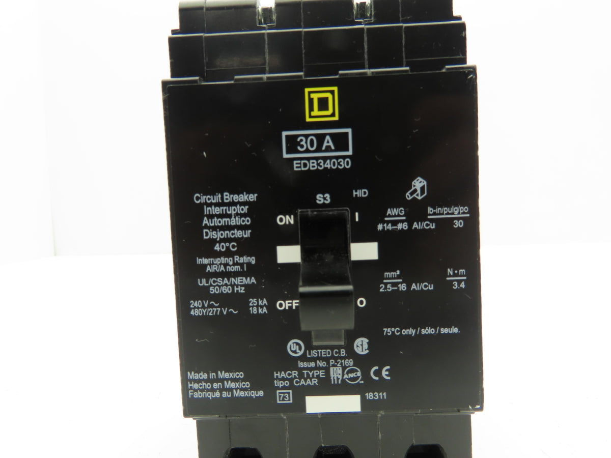 Square D EDB34030 Circuit Breaker 30A 480V 3 Pole 3Ph EDB