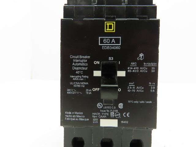 Square D EDB34060 Circuit Breaker 60A 480V 3 Pole 3Ph EDB 60 Amp