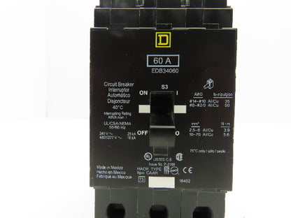 Square D EDB34060 Circuit Breaker 60A 480V 3 Pole 3Ph EDB 60 Amp