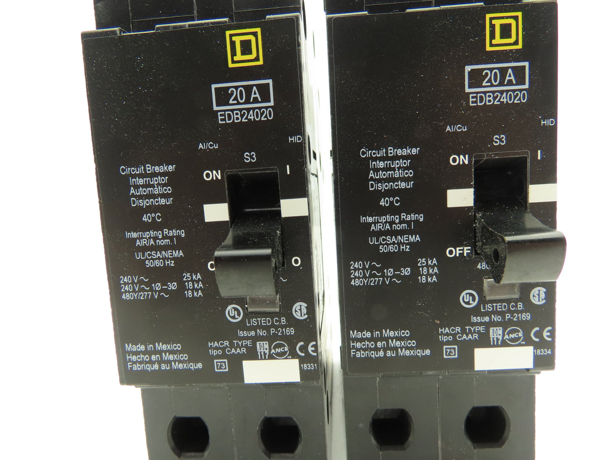 Square D EDB24020 Circuit Breaker 20A 480V 2 Pole EDB 20 Amp Lot of 2