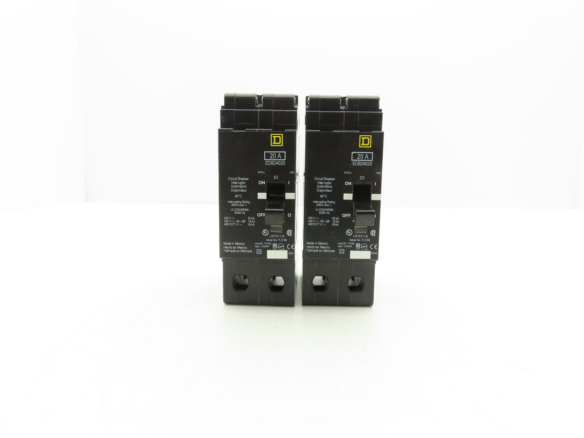 Square D EDB24020 Circuit Breaker 20A 480V 2 Pole EDB 20 Amp Lot of 2