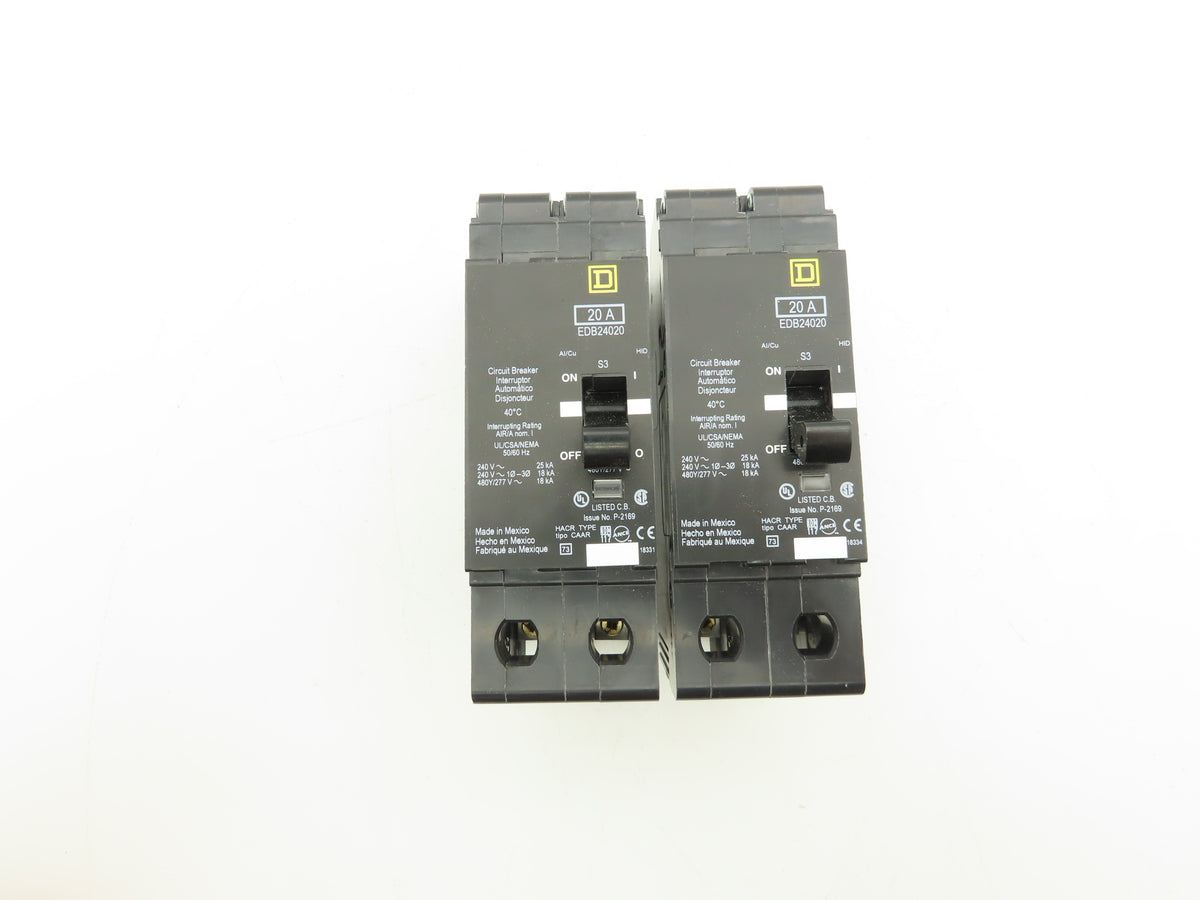 Square D EDB24020 Circuit Breaker 20A 480V 2 Pole EDB 20 Amp Lot of 2