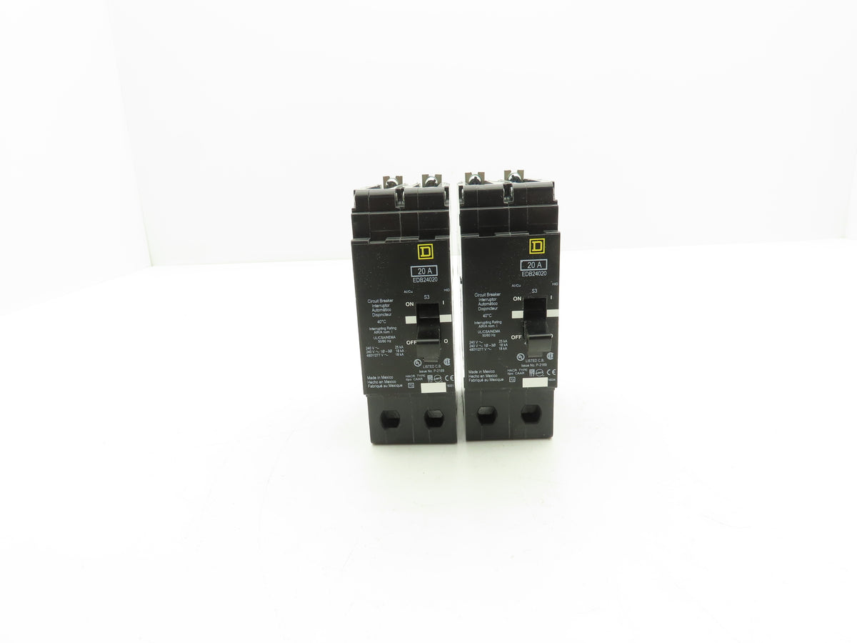 Square D EDB24020 Circuit Breaker 20A 480V 2 Pole EDB 20 Amp Lot of 2