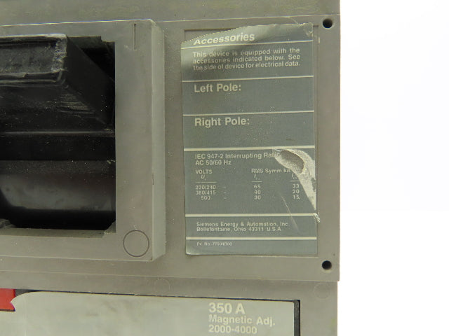 Siemens JXD63B350H Circuit Breaker 400A 3 Pole 3PH 600V Type JXD6-A Magnetic Adj