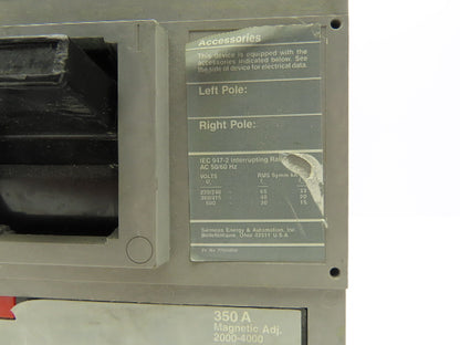 Siemens JXD63B350H Circuit Breaker 400A 3 Pole 3PH 600V Type JXD6-A Magnetic Adj
