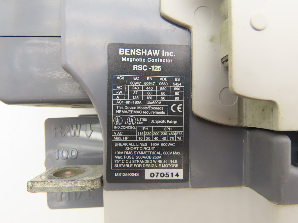 Benshaw RSC-125 Motor Starter Contactor 120A 600V 3 Pole 3PH 120/240V Coil