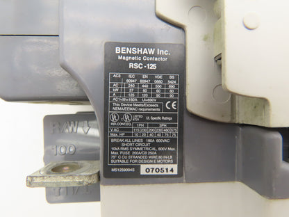 Benshaw RSC-125 Motor Starter Contactor 120A 600V 3 Pole 3PH 120/240V Coil
