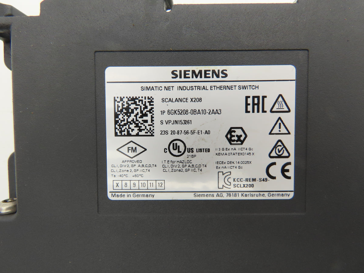Siemens 6GK5208-0BA10-2AA3 SCALANCE X208 Managed IE Switch 8x 10/100 Mbps RJ45