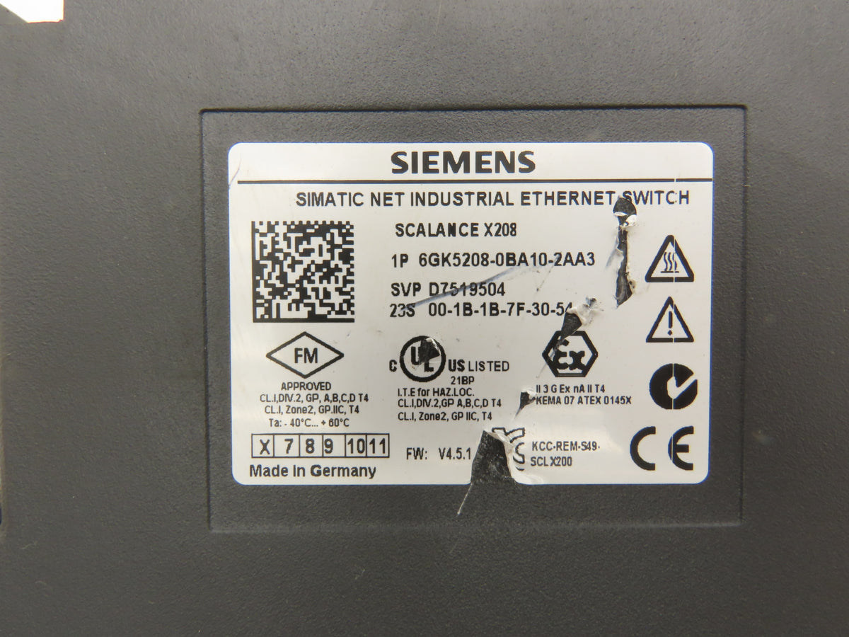 Siemens 6GK5208-0BA10-2AA3 SCALANCE X208 Managed IE Switch 8x 10/100 Mbps RJ45