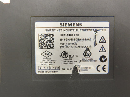 Siemens 6GK5208-0BA10-2AA3 SCALANCE X208 Managed IE Switch 8x 10/100 Mbps RJ45