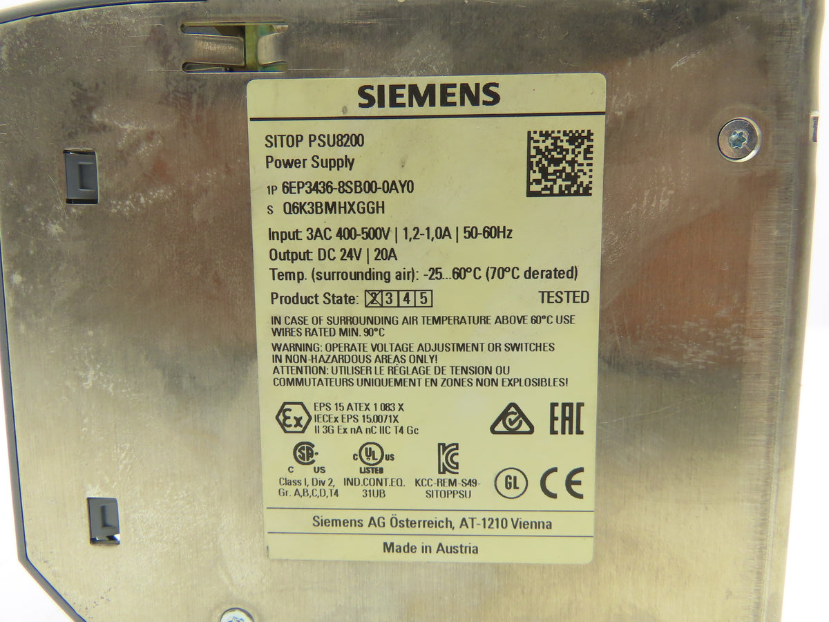 Siemens SITOP PSU8200 Power Supply DC 24V 20A 3PH 6EP3436-8SB00-0AY0