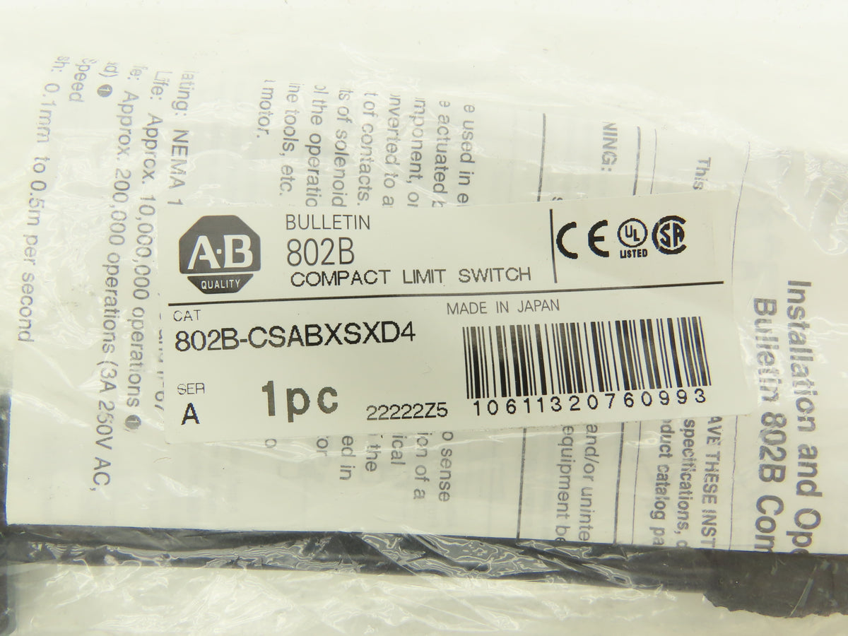 Allen Bradley 802B-CSABXSXD4 Compact Limit Switch Top Push 0.2mm Travel Lot of 2