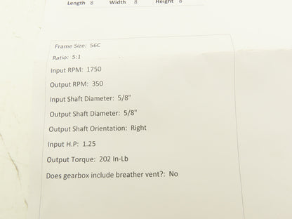 Boston Gear F7135SVB5J6 Worm Gearbox 5:1 Reducer 1.25Hp 350rpm RH 56C
