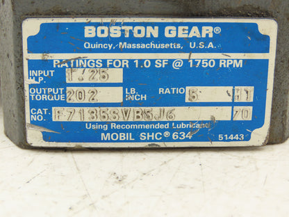 Boston Gear F7135SVB5J6 Worm Gearbox 5:1 Reducer 1.25Hp 350rpm RH 56C