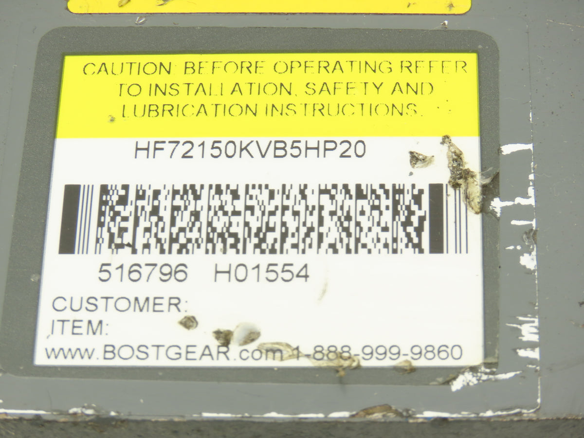 Boston Gear HF72150KVB5HP20 Worm Gearbox 50:1 Ratio .66Hp 35rpm 56C Hollow Shaft