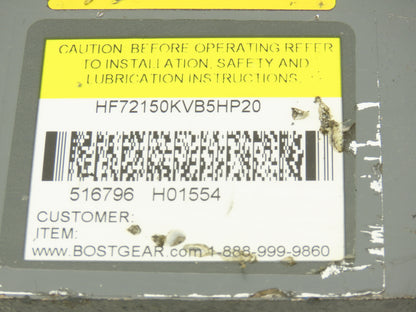 Boston Gear HF72150KVB5HP20 Worm Gearbox 50:1 Ratio .66Hp 35rpm 56C Hollow Shaft