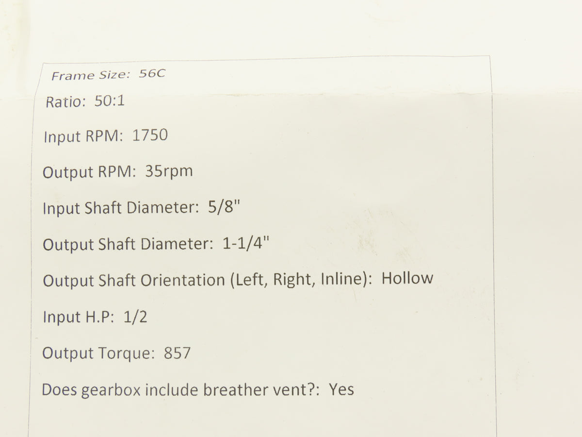 Boston Gear HF72150KVB5HP20 Worm Gearbox 50:1 Ratio .66Hp 35rpm 56C Hollow Shaft