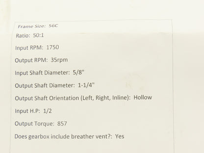 Boston Gear HF72150KVB5HP20 Worm Gearbox 50:1 Ratio .66Hp 35rpm 56C Hollow Shaft