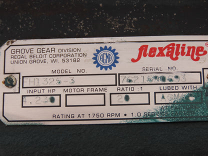 Grove Gear FH1325-3 Flexaline Gearbox 20:1 Reducer 88rpm 4.2Hp Hollow Shaft