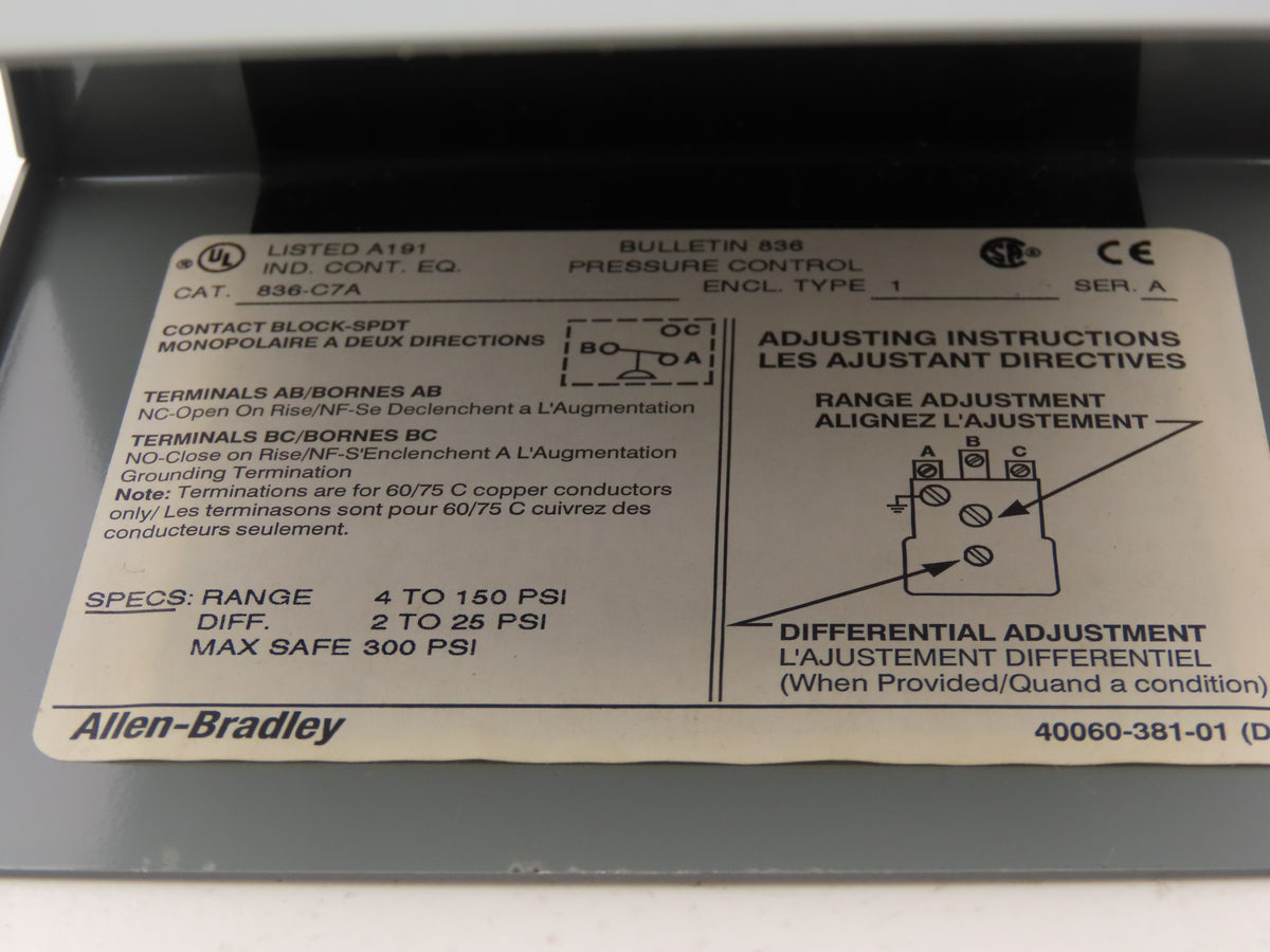 Allen Bradley 836-C7A Pressure Control 4-150 PSI 2 circuit-SPST NC
