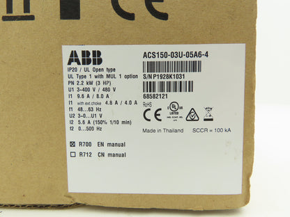 ABB ACS150-03U-05A6-4 Micro Drive 2.2 kW 3 HP 400/480V 3Ph Frequency Converter