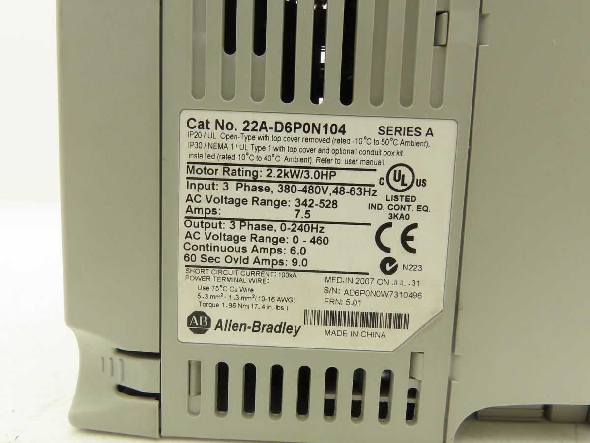 Allen Bradley 22A-D6P0N104 PowerFlex 4 AC Drive 2.2 kW 3 HP 380-480V 3Ph VFD