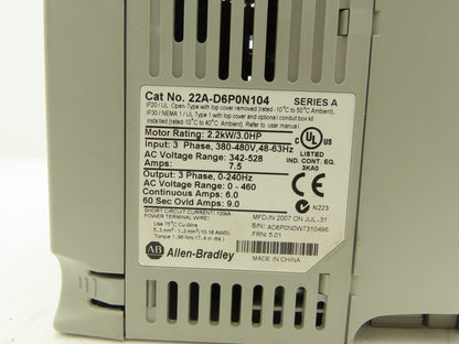 Allen Bradley 22A-D6P0N104 PowerFlex 4 AC Drive 2.2 kW 3 HP 380-480V 3Ph VFD